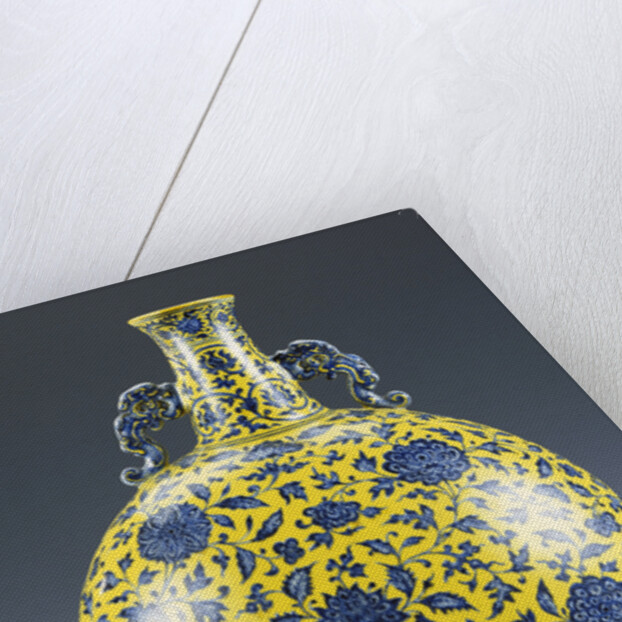 An underglaze blue and yellow enamelled moonflask with a peony and lotus pattern by Anonymous