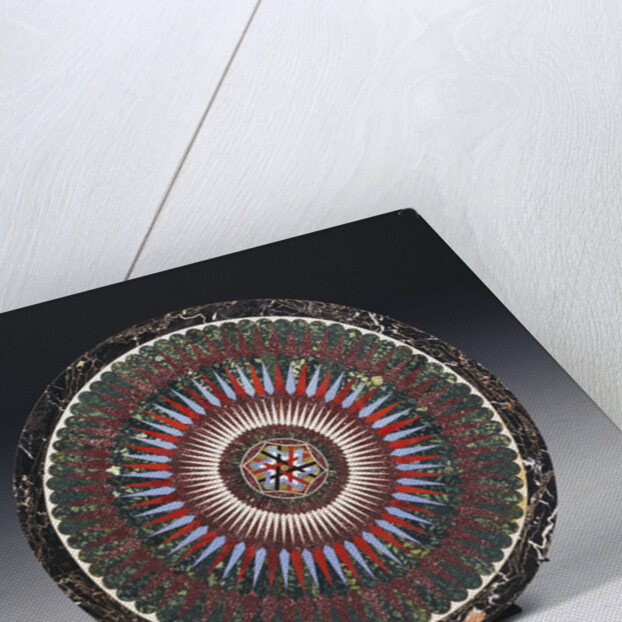 A Roman specimen marble and glass circular top by Francesco Sibilio, with central parcel-gilt concave-sided hexagonal strapwork motif by Anonymous