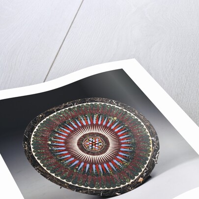 A Roman specimen marble and glass circular top by Francesco Sibilio, with central parcel-gilt concave-sided hexagonal strapwork motif by Anonymous