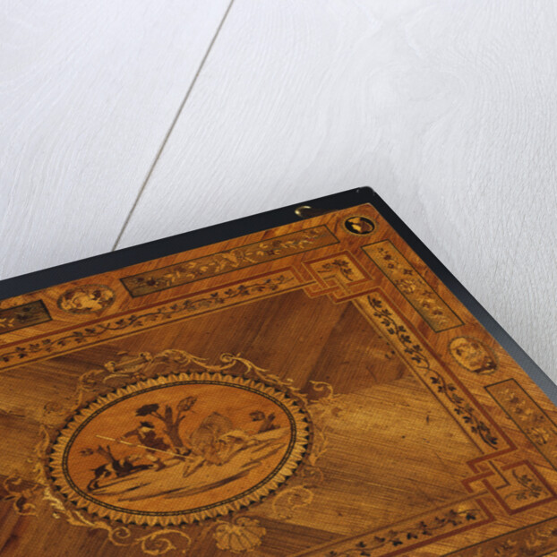 Detail of a North Italian ebony, olivewood, fruitwood and marquetry writing table by Anonymous