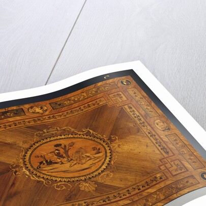 Detail of a North Italian ebony, olivewood, fruitwood and marquetry writing table by Anonymous