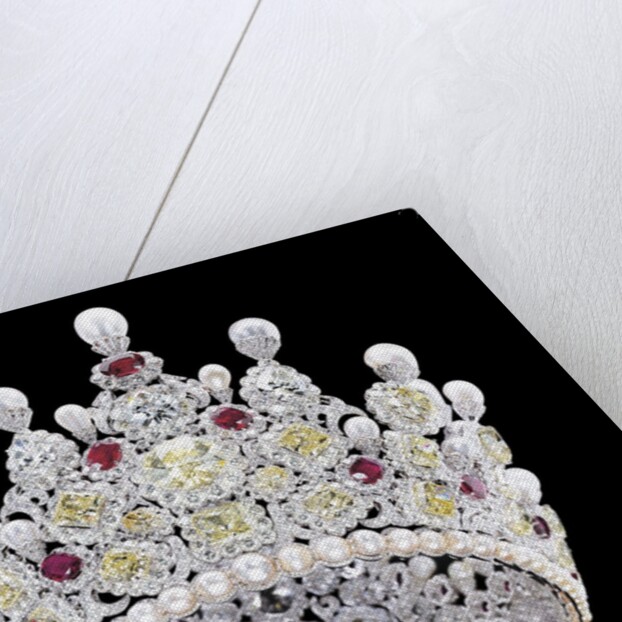 An extraordinary coloured diamond, diamond, natural pearl and ruby crown, mounted in platinum by Anonymous