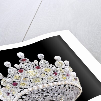 An extraordinary coloured diamond, diamond, natural pearl and ruby crown, mounted in platinum by Anonymous