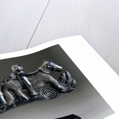 A Haida argillite ship pipe depicting a ship, an equestrian scene and various scroll and foliate motifs by Anonymous