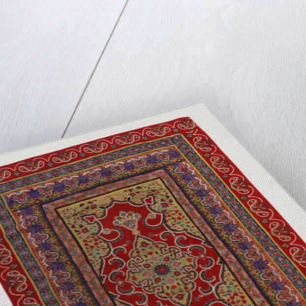 A hanging of red wool facecloth applied and embroidered with a Floral ogival medallion of pale green wool by Anonymous