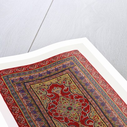 A hanging of red wool facecloth applied and embroidered with a Floral ogival medallion of pale green wool by Anonymous