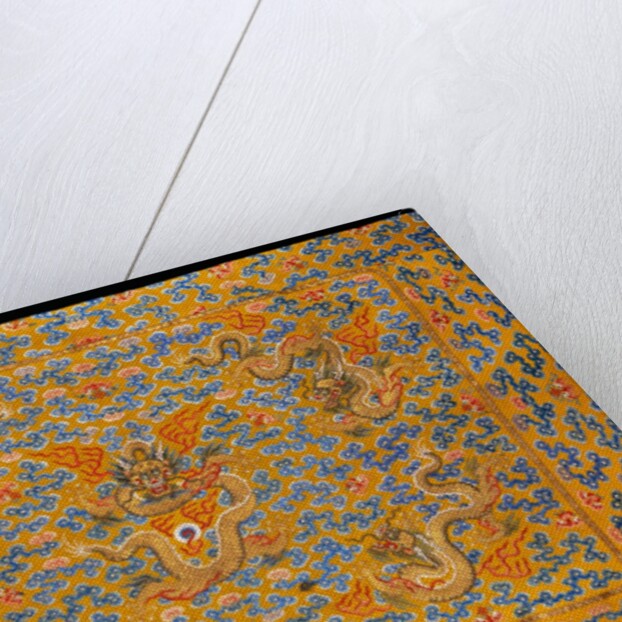 Chinese Kang cover of yellow facecloth, with five dragons in gilt thread among clouds by Anonymous