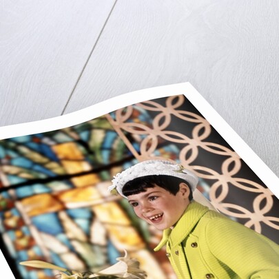 1960s Smiling Happy Young Girl Easter Sunday Clothes Green Coat White Bonnet Hat Gloves Holding Church Hymnal by Anonymous