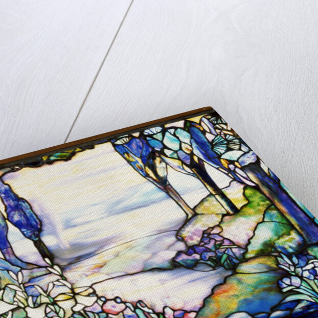 Tiffany Studios leaded glass landscape window by Anonymous