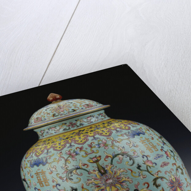 A famille rose turquoise-ground vase and cover by Anonymous