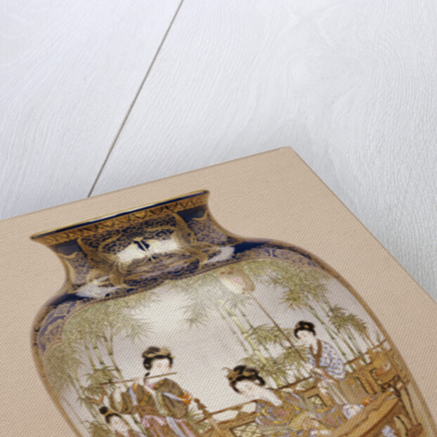 A large Kinkozan vase depicting a lady playing a koto with ladies and children beneath a wisteria by Anonymous