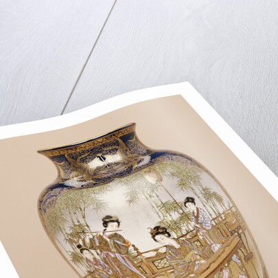 A large Kinkozan vase depicting a lady playing a koto with ladies and children beneath a wisteria by Anonymous