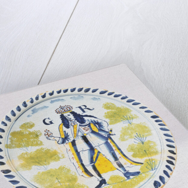 A Bristol Delft polychrome royal portrait charger painted with a full length portrait of George I in formal robes by Anonymous