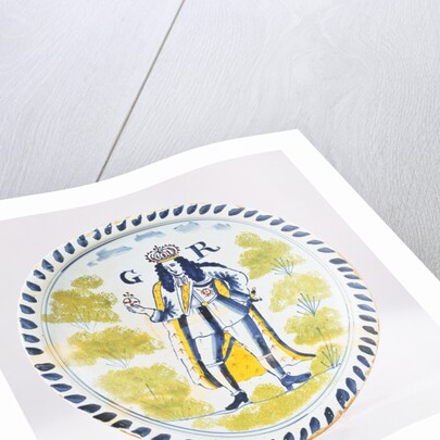 A Bristol Delft polychrome royal portrait charger painted with a full length portrait of George I in formal robes by Anonymous