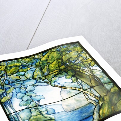 Tiffany Studios leaded glass landscape window depicting a passage to the sea by Anonymous