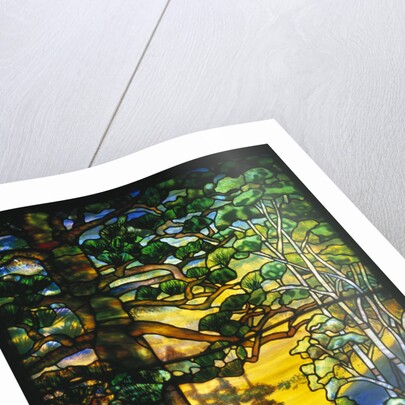 Tiffany Studios landscape window depicting a meandering stream shaded by towering fir trees by Anonymous