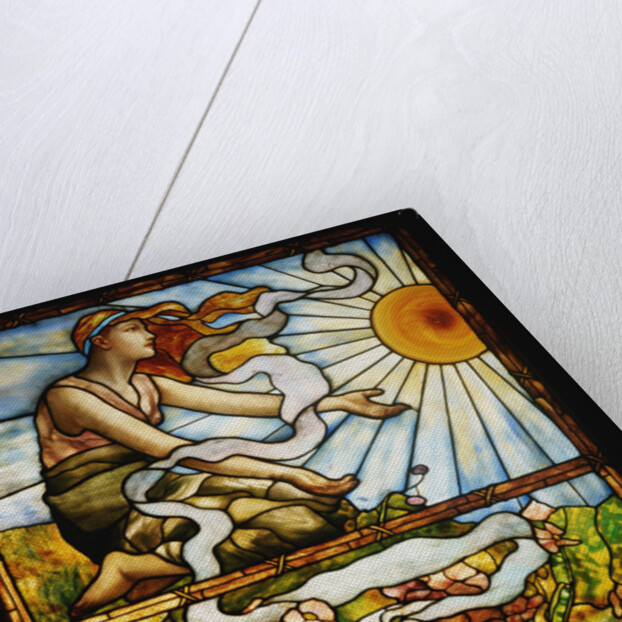 Tiffany Studios leaded and plate glass window depicting a young woman kneeling before the rising sun by Anonymous