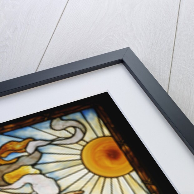 Tiffany Studios leaded and plate glass window depicting a young woman kneeling before the rising sun by Anonymous