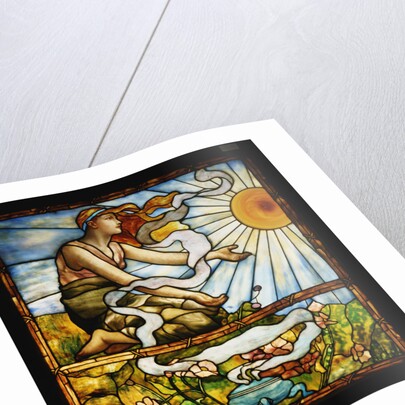Tiffany Studios leaded and plate glass window depicting a young woman kneeling before the rising sun by Anonymous