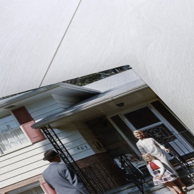 1950s Mother Daughter Waiting Steps House For Father Briefcase Coming Home Suburban Family Man Woman Girl Retro by Anonymous