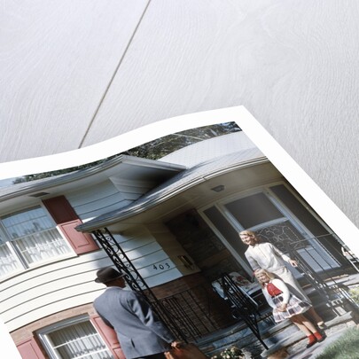 1950s Mother Daughter Waiting Steps House For Father Briefcase Coming Home Suburban Family Man Woman Girl Retro by Anonymous