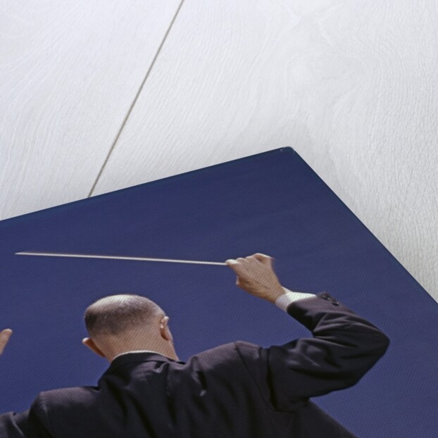 1950s 1960s 1970s View Of Back Of Bald Man Conducting A Symphony Orchestra by Anonymous