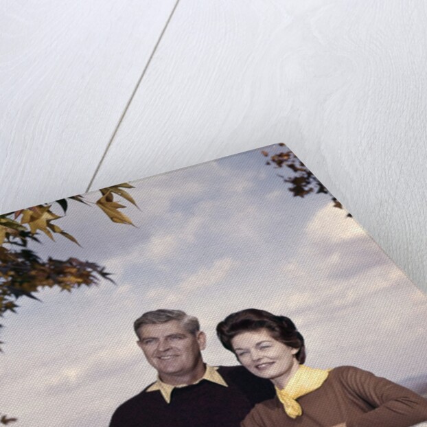 portrait Couple Husband & Wife Smiling Standing Together Behind White Board Fence Outdoor by Anonymous