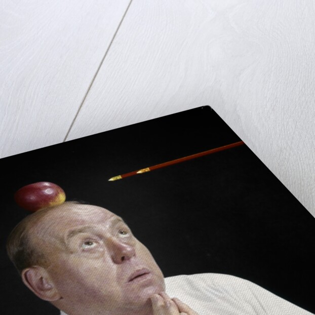 1960s Anxious Business Man Praying Looking Up At Arrow Heading Towards Apple Sitting On Top Of His Head by Anonymous