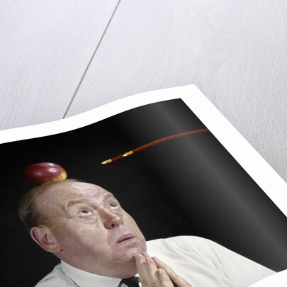 1960s Anxious Business Man Praying Looking Up At Arrow Heading Towards Apple Sitting On Top Of His Head by Anonymous