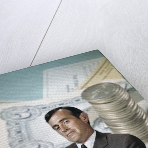 1960s Businessman Facial Expression Background Money Checks Coins Finance Banking Business Retro by Anonymous
