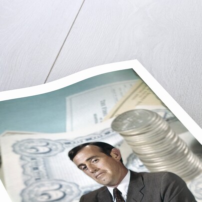 1960s Businessman Facial Expression Background Money Checks Coins Finance Banking Business Retro by Anonymous