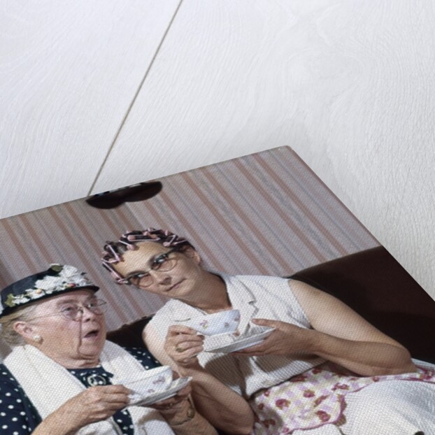 1950s Two Elderly Drinking Tea Gossiping Hair In Curlers by Anonymous