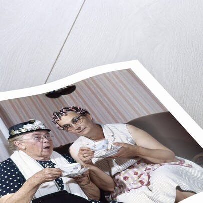 1950s Two Elderly Drinking Tea Gossiping Hair In Curlers by Anonymous