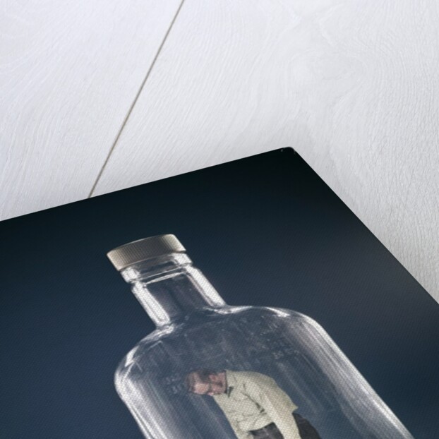 1960s Slumped Over Alcoholic Man Holding Whiskey Bottle Trapped Inside Glass Alcohol Decanter Bottle by Anonymous