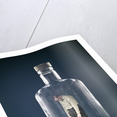 1960s Slumped Over Alcoholic Man Holding Whiskey Bottle Trapped Inside Glass Alcohol Decanter Bottle by Anonymous