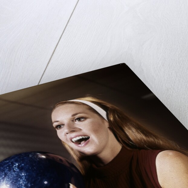 1960s Smiling Laughing Woman Holding Bowling Ball Retro by Anonymous
