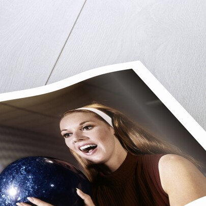 1960s Smiling Laughing Woman Holding Bowling Ball Retro by Anonymous