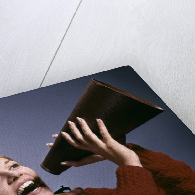 1960s Portrait Teen Cheerleader Girl Shouting Into Megaphone by Anonymous