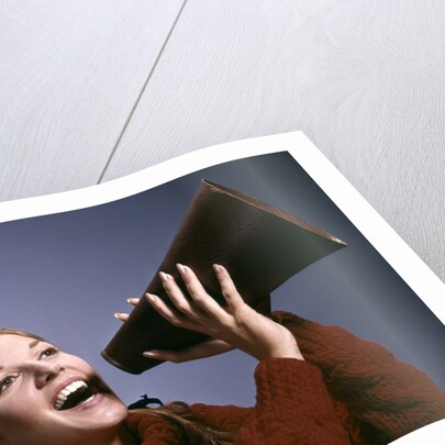 1960s Portrait Teen Cheerleader Girl Shouting Into Megaphone by Anonymous