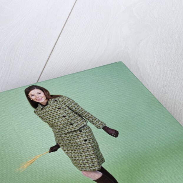 1960s Young Woman Modeling Green Wool Knit Two Piece Suit Fishnet Stockings Boots Full Length Clothes Retro by Anonymous