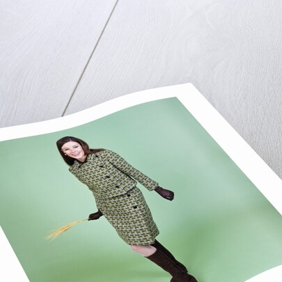 1960s Young Woman Modeling Green Wool Knit Two Piece Suit Fishnet Stockings Boots Full Length Clothes Retro by Anonymous