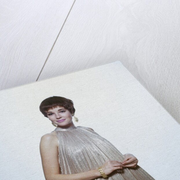 1960s Young Woman Wear Pleated Metallic Dress Pixie Hair Earrings Bracelet Retro by Anonymous