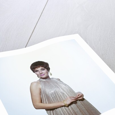 1960s Young Woman Wear Pleated Metallic Dress Pixie Hair Earrings Bracelet Retro by Anonymous