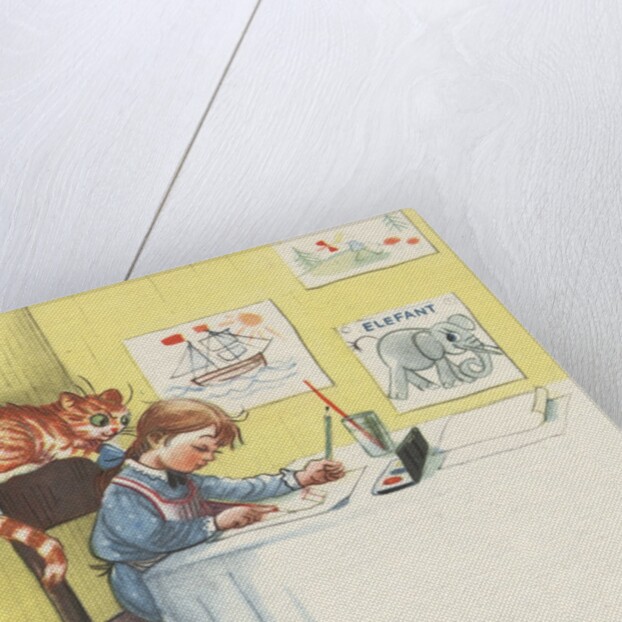 Girl painting with her cat by Anonymous