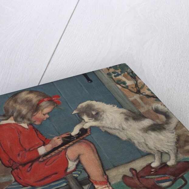 Cat helping girl with homework by Jessie Willcox Smith