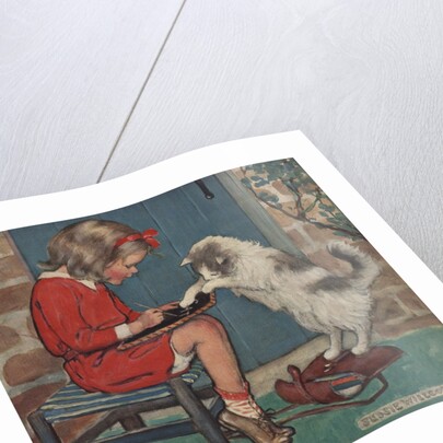 Cat helping girl with homework by Jessie Willcox Smith