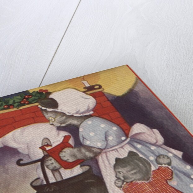 Cat family around the fireplace at Christmas by Anonymous