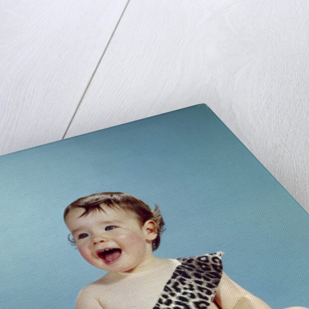 1960s Laughing Happy Baby Mouth Wide Open Wearing Leopard Print Tarzan Caveman Costume by Anonymous