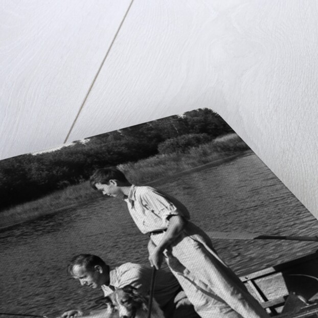 1930s Man Father Teenage Boy Son Dog In Row Boat Fishing In Pond by Anonymous