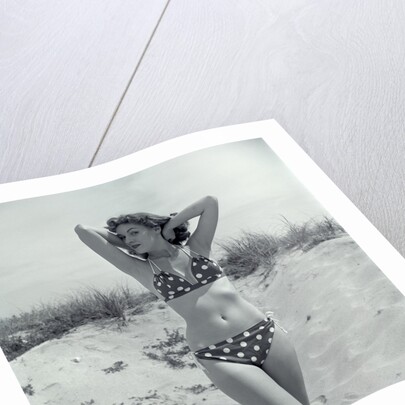 1950s Brunette Bathing Beauty In Polka Dot Bikini Standing In Sand With Hands Behind Head Looking At Camera by Anonymous